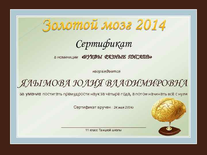 Сертификат В НОМИНАЦИИ «БУКВЫ РАЗНЫЕ ПИСАТЬ» награждается ЯЛЫМОВА ЮЛИЯ ВЛАДИМИРОВНА за умение постигать премудрости