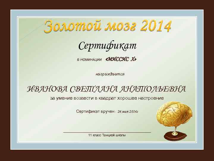 Сертификат В НОМИНАЦИИ «МИССИС Х» награждается ИВАНОВА СВЕТЛАНА АНАТОЛЬЕВНА за умение возвести в квадрат