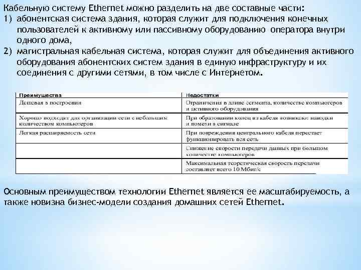 Кабельную систему Ethernet можно разделить на две составные части: 1) абонентская система здания, которая