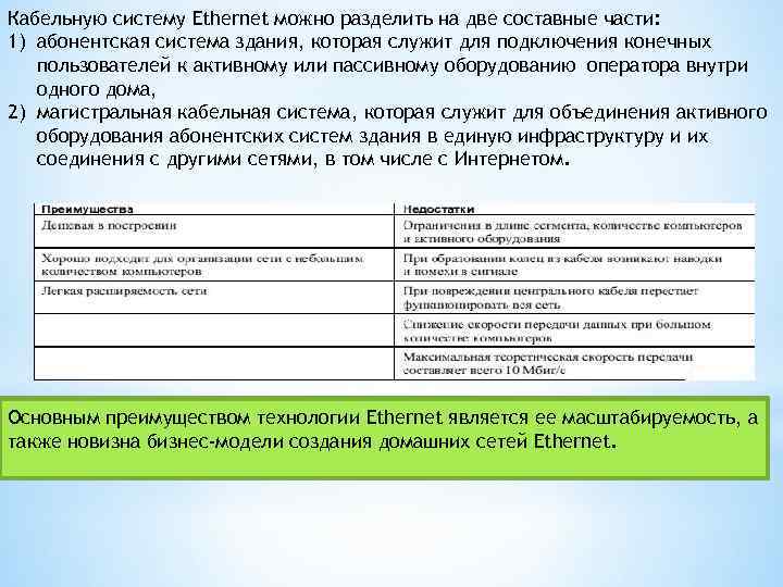 Кабельную систему Ethernet можно разделить на две составные части: 1) абонентская система здания, которая