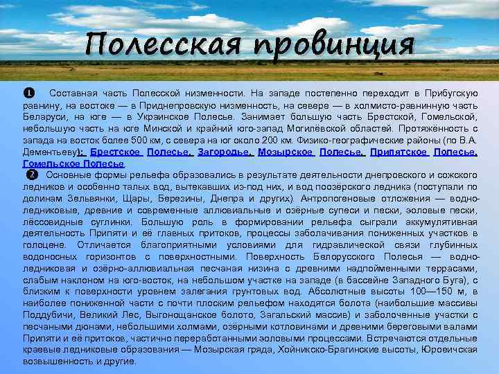 Полесская провинция ❶ Составная часть Полесской низменности. На западе постепенно переходит в Прибугскую равнину,