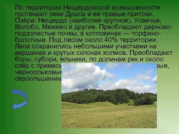 По территории Нещердовской возвышенности протекают реки Дрыса и её правые притоки. Озёра: Нещердо (наиболее