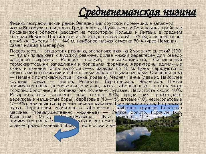 Средненеманская низина Физико-географический район Западно-Белорусской провинции, в западной части Беларуси, в пределах Гродненского, Щучинского