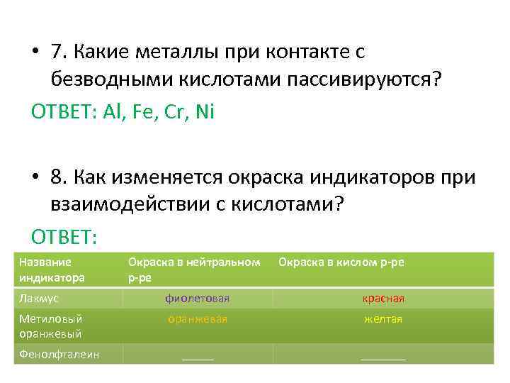  • 7. Какие металлы при контакте с безводными кислотами пассивируются? ОТВЕТ: Al, Fe,