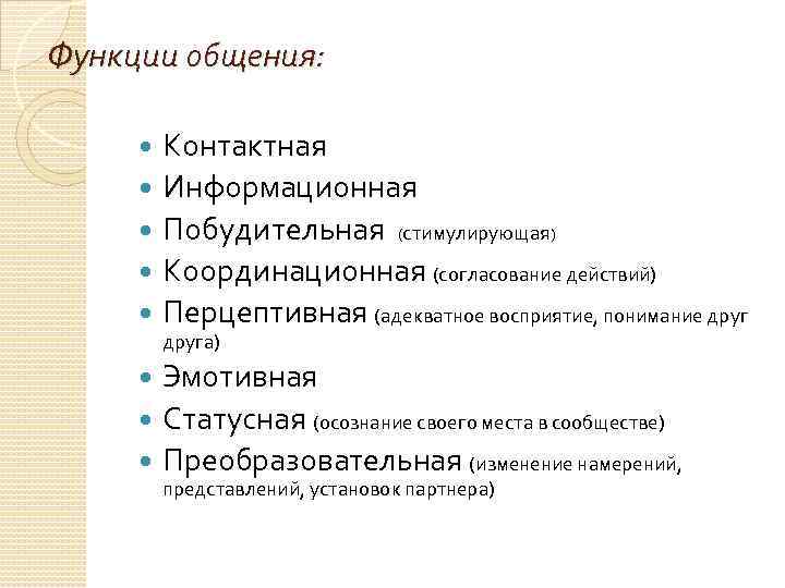 Функции общения: Контактная Информационная Побудительная (стимулирующая) Координационная (согласование действий) Перцептивная (адекватное восприятие, понимание друга)