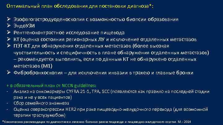 Оптимальный план обследования для постановки диагноза*: Эзофагогастродуоденоскопия с возможностью биопсии образования Эндо. УЗИ Рентгеноконтрастное