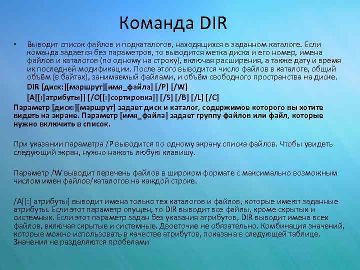 Команда DIR Выводит список файлов и подкаталогов, находящихся в заданном каталоге. Если команда задается