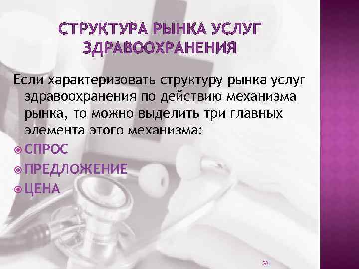 СТРУКТУРА РЫНКА УСЛУГ ЗДРАВООХРАНЕНИЯ Если характеризовать структуру рынка услуг здравоохранения по действию механизма рынка,