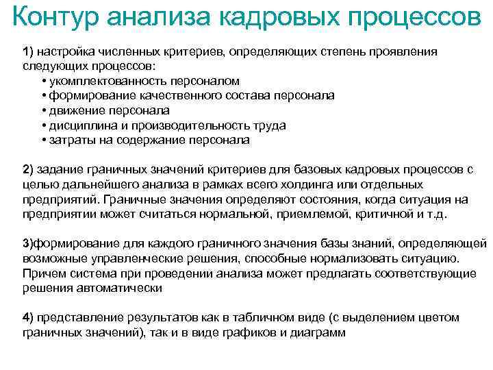 Контур анализа кадровых процессов 1) настройка численных критериев, определяющих степень проявления следующих процессов: •