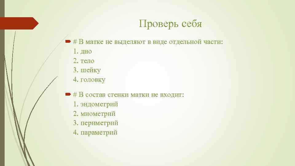 Проверь себя # В матке не выделяют в виде отдельной части: 1. дно 2.