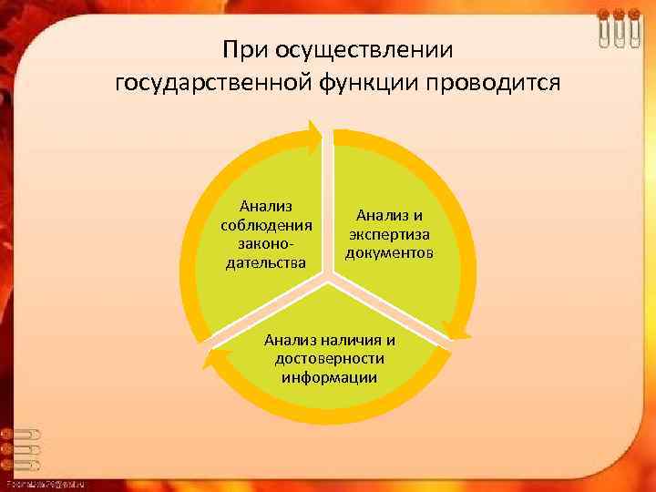 При осуществлении государственной функции проводится Анализ соблюдения законодательства Анализ и экспертиза документов Анализ наличия