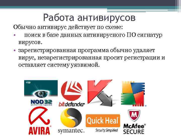 Работа антивирусов Обычно антивирус действует по схеме: • поиск в базе данных антивирусного ПО