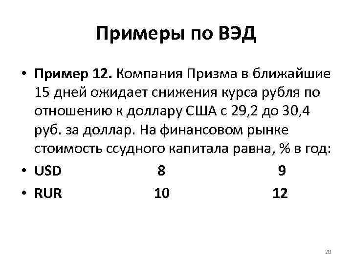 Примеры по ВЭД • Пример 12. Компания Призма в ближайшие 15 дней ожидает снижения