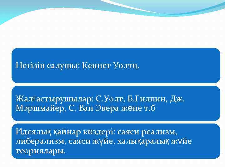 Негізін салушы: Кеннет Уолтц. Жалғастырушылар: С. Уолт, Б. Гилпин, Дж. Мэршмайер, С. Ван Эвера