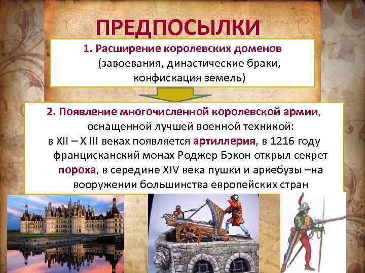 ПРЕДПОСЫЛКИ 1. Расширение королевских доменов (завоевания, династические браки, конфискация земель) 2. Появление многочисленной королевской