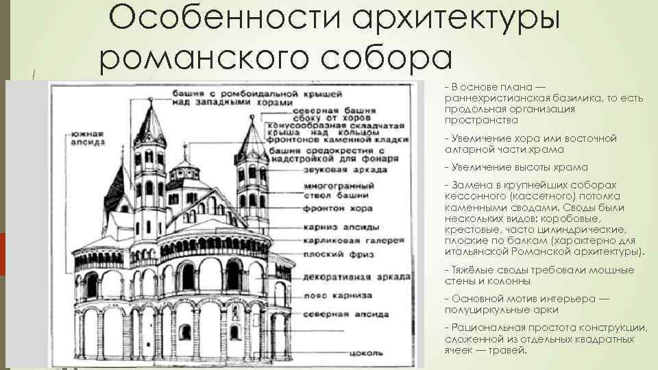 Особенности архитектуры романского собора - В основе плана — раннехристианская базилика, то есть продольная
