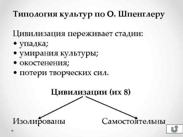 Типология культур по О. Шпенглеру Цивилизация переживает стадии: • упадка; • умирания культуры; •