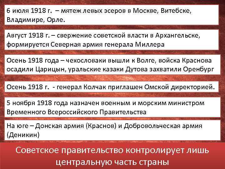 6 июля 1918 г. – мятеж левых эсеров в Москве, Витебске, Владимире, Орле. Август