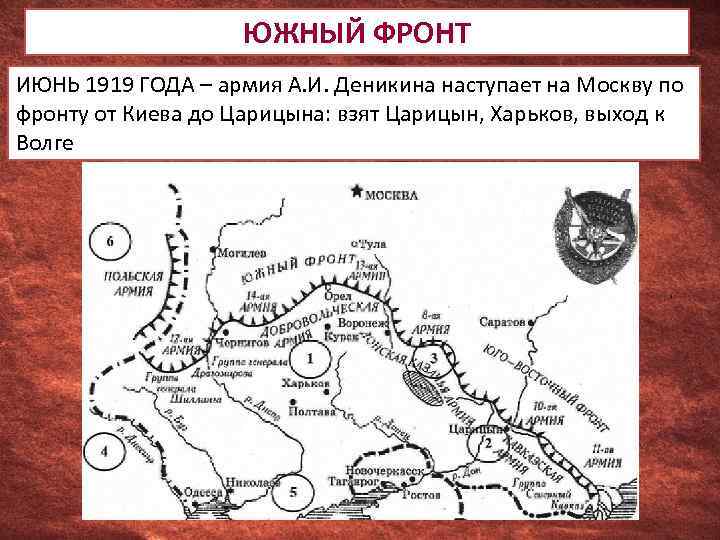 ЮЖНЫЙ ФРОНТ ИЮНЬ 1919 ГОДА – армия А. И. Деникина наступает на Москву по