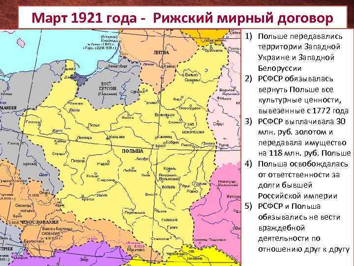 Март 1921 года - Рижский мирный договор 1) Польше передавались территории Западной Украине и