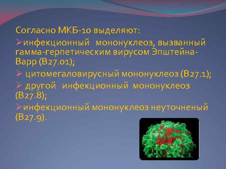 Мононуклеоз вирус эпштейна. Эпштейн Барр мкб 10. Мононуклеоз, вызванный гамма-герпетическим вирусом. Инфекционный мононуклеоз мкб 10. Вирус Эпштейна-Барр мкб.
