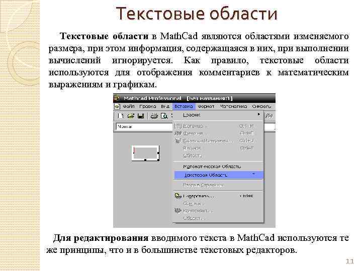 Текстовые области в Math. Cad являются областями изменяемого размера, при этом информация, содержащаяся в