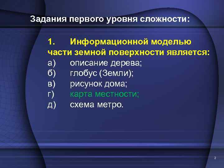 Задания первого уровня сложности: 1. Информационной моделью части земной поверхности является: а) описание дерева;