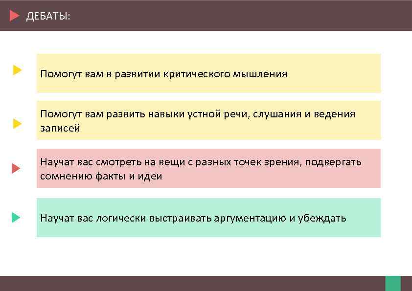 ДЕБАТЫ: Помогут вам в развитии критического мышления Помогут вам развить навыки устной речи, слушания