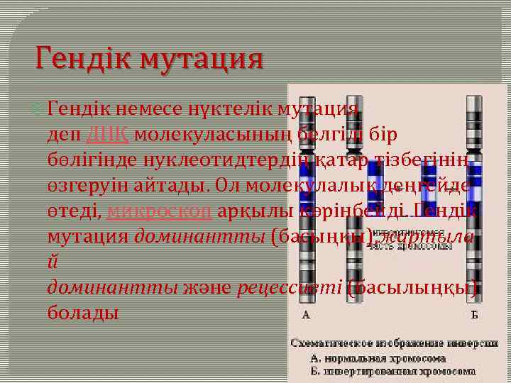 Гендік мутация Гендік немесе нүктелік мутация деп ДНҚ молекуласының белгілі бір бөлігінде нуклеотидтердің қатар