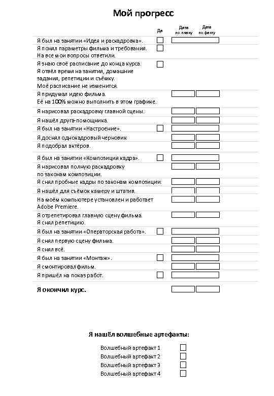 Мой прогресс Да Дата по плану Я был на занятии «Идея и раскадровка» .