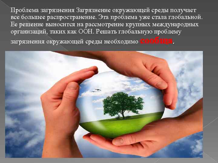 Проблема загрязнения Загрязнение окружающей среды получает все большее распространение. Эта проблема уже стала глобальной.