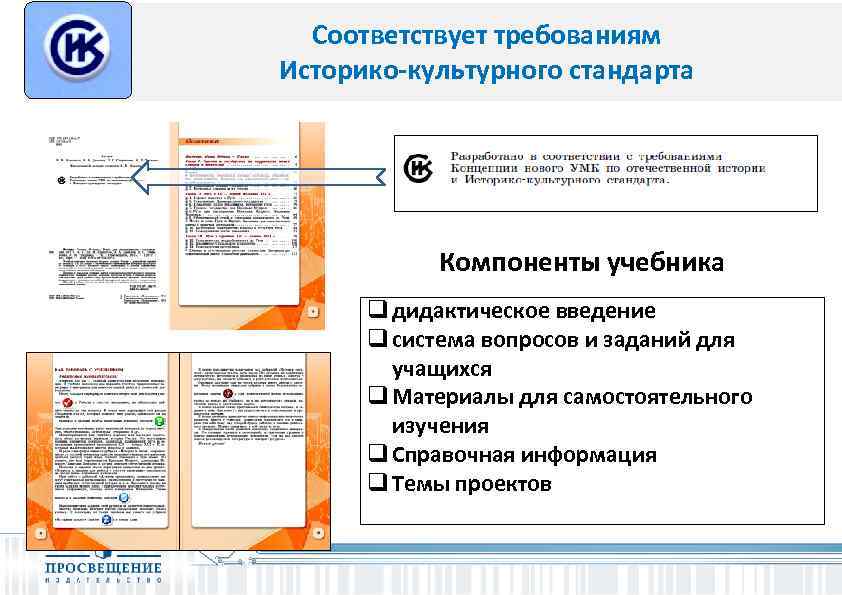 Соответствует требованиям Историко-культурного стандарта Компоненты учебника q дидактическое введение q система вопросов и заданий