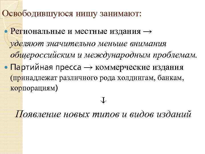 Освободившуюся нишу занимают: Региональные и местные издания → уделяют значительно меньше внимания общероссийским и