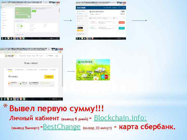 * Вывел первую сумму!!! – Blockchain. info: (вывод 5 минут) –Best. Change (вывод 30
