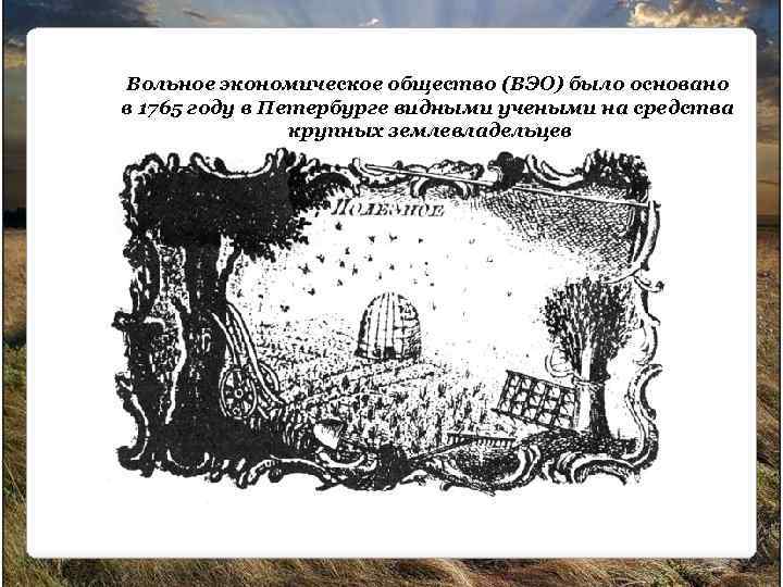 Вольное экономическое общество (ВЭО) было основано в 1765 году в Петербурге видными учеными на