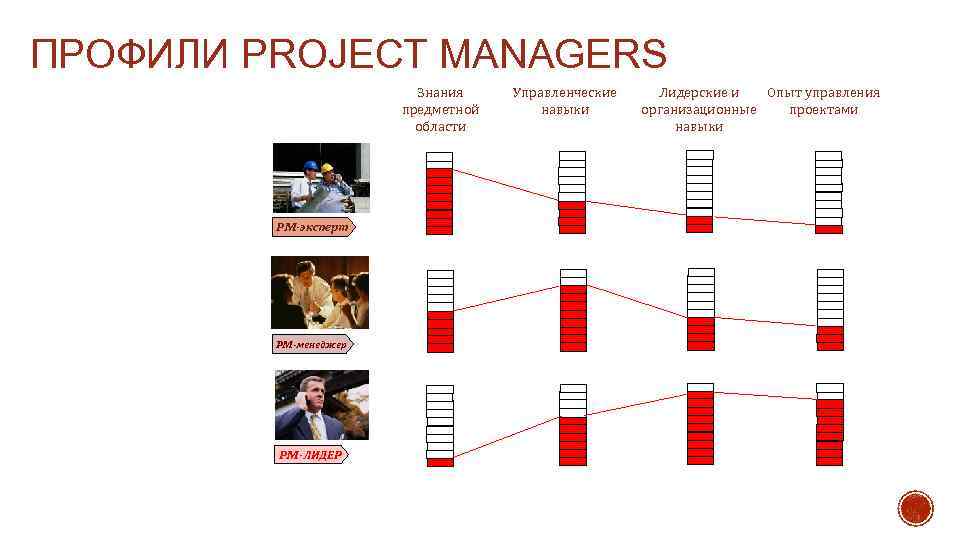 ПРОФИЛИ PROJECT MANAGERS Знания предметной области Управленческие навыки Лидерские и Опыт управления организационные проектами