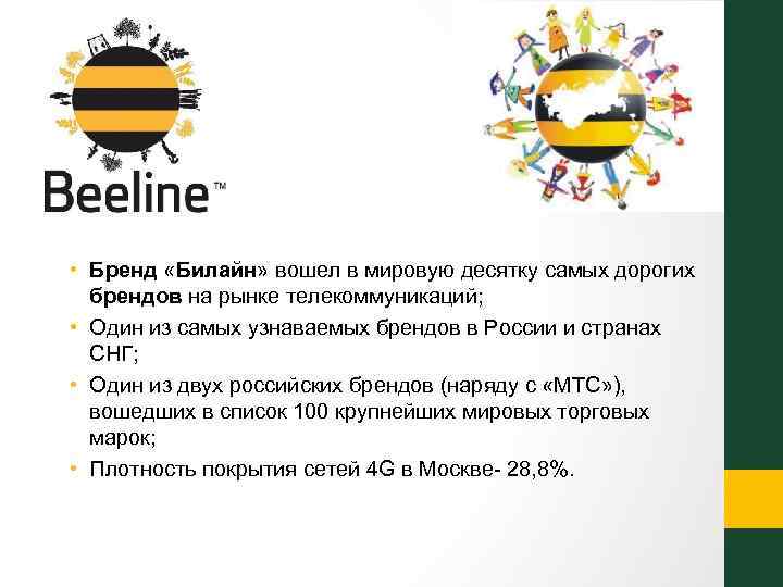  • Бренд «Билайн» вошел в мировую десятку самых дорогих брендов на рынке телекоммуникаций;