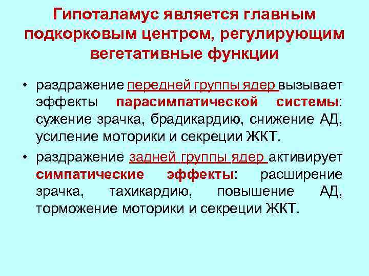 Гипоталамус является главным подкорковым центром, регулирующим вегетативные функции • раздражение передней группы ядер вызывает