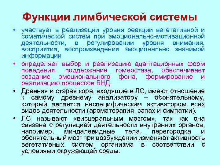 Функции лимбической системы • участвует в реализации уровня реакции вегетативной и соматической систем при