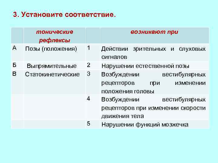 3. Установите соответствие. А тонические рефлексы Позы (положения) возникают при 1 Б В Выпрямительные