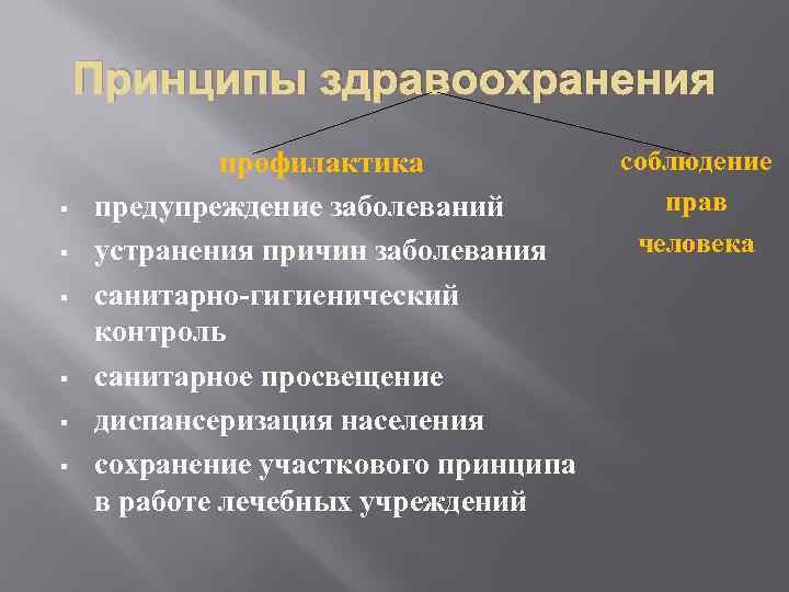 Принципы здравоохранения § § § профилактика предупреждение заболеваний устранения причин заболевания санитарно-гигиенический контроль санитарное