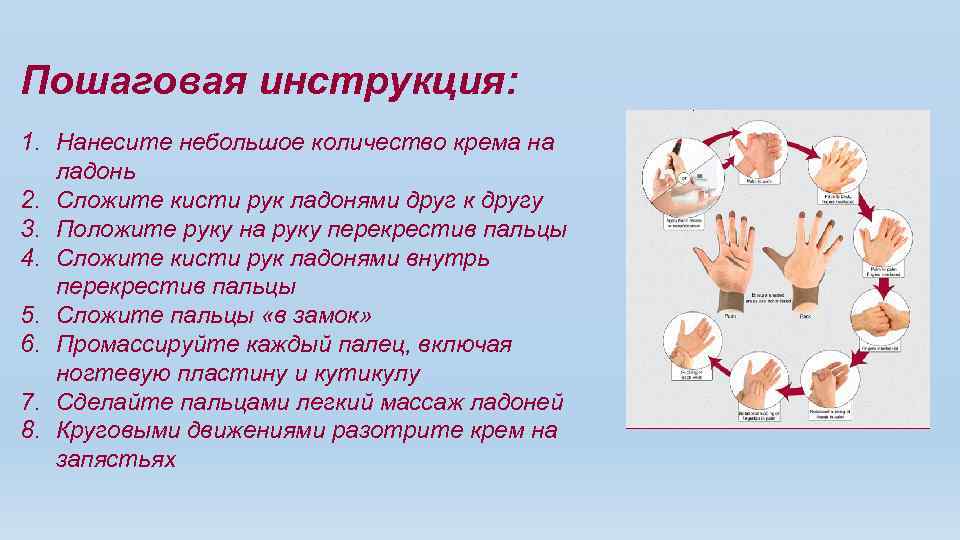 Пошаговая инструкция: 1. Нанесите небольшое количество крема на ладонь 2. Сложите кисти рук ладонями