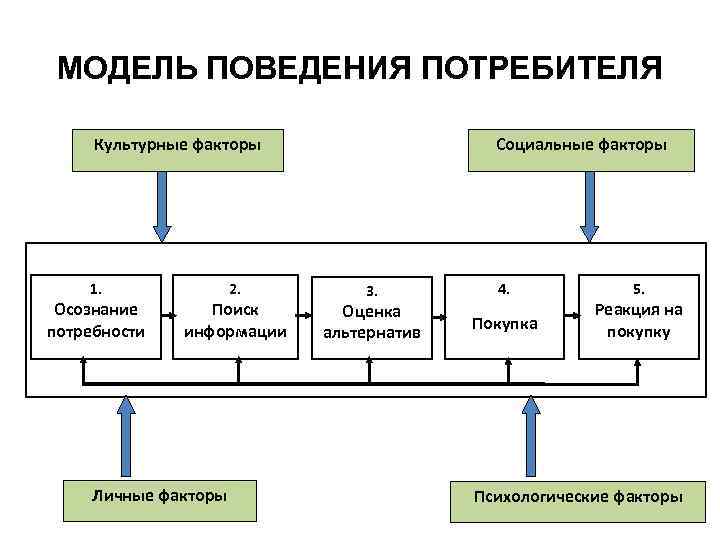 МОДЕЛЬ ПОВЕДЕНИЯ ПОТРЕБИТЕЛЯ Культурные факторы 1. Осознание потребности 2. Поиск информации Личные факторы Социальные