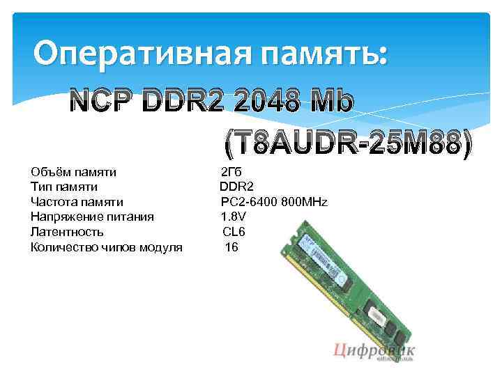 Оперативная память: NCP DDR 2 2048 Mb (T 8 AUDR-25 M 88) Объём памяти