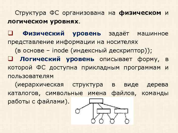 Структура ФС организована на физическом и логическом уровнях. q Физический уровень задаёт машинное представление