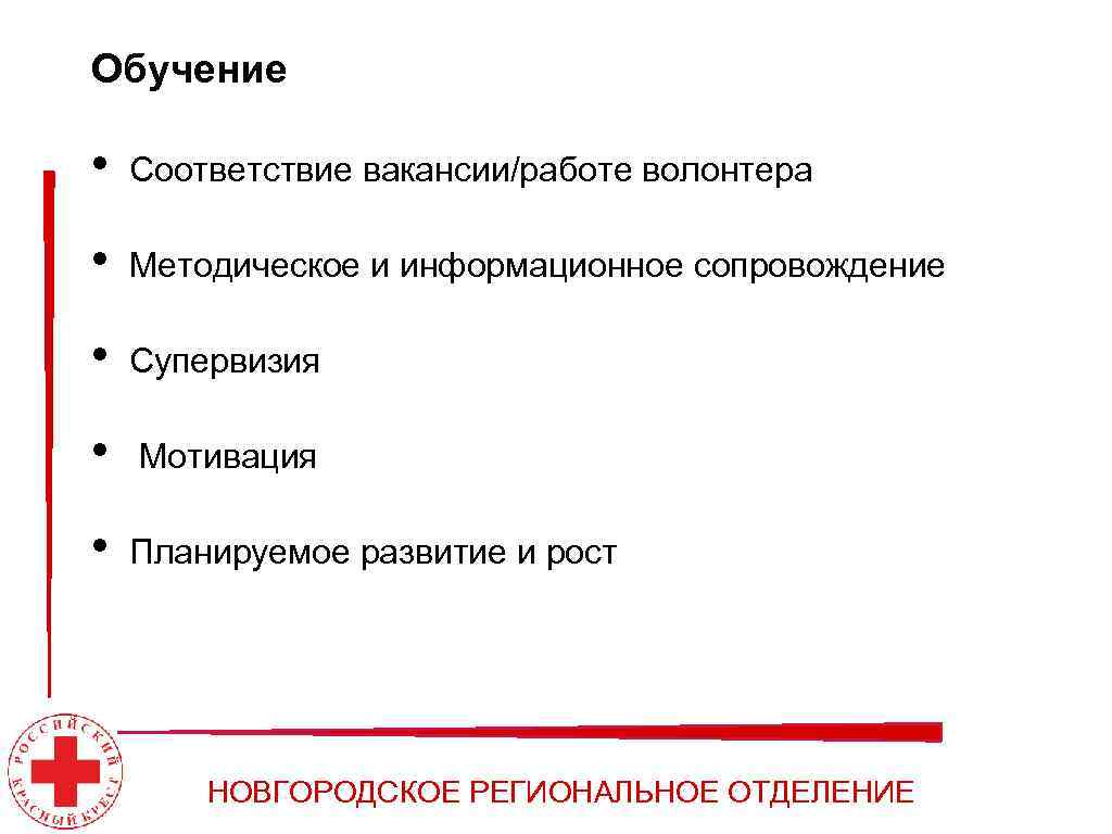 Обучение • Соответствие вакансии/работе волонтера • Методическое и информационное сопровождение • Супервизия • Мотивация