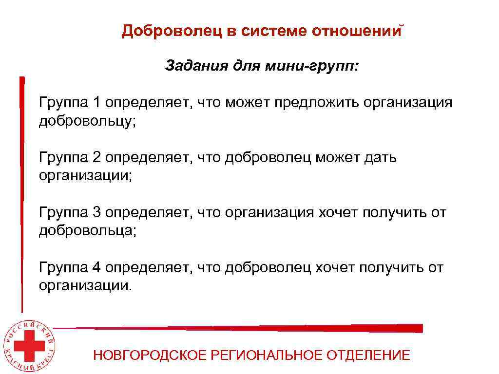 Доброволец в системе отношении Задания для мини-групп: Группа 1 определяет, что может предложить организация