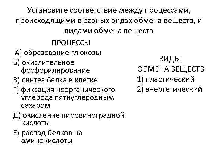 Установите соответствие между процессами, происходящими в разных видах обмена веществ, и видами обмена веществ
