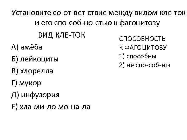 Установите со от вет ствие между видом кле ток и его спо соб но