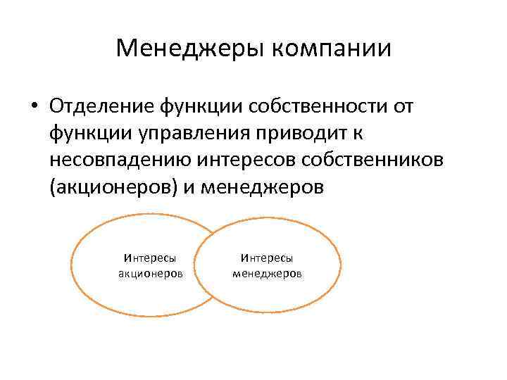 Менеджеры компании • Отделение функции собственности от функции управления приводит к несовпадению интересов собственников